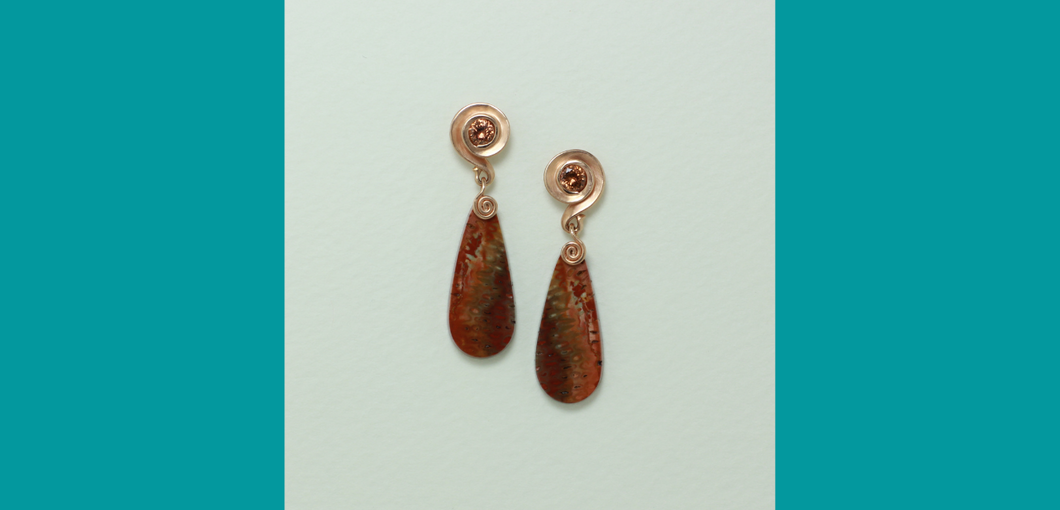 Nautilus Earrings in 14K rose gold with Zircons and Fossilized Fern drops